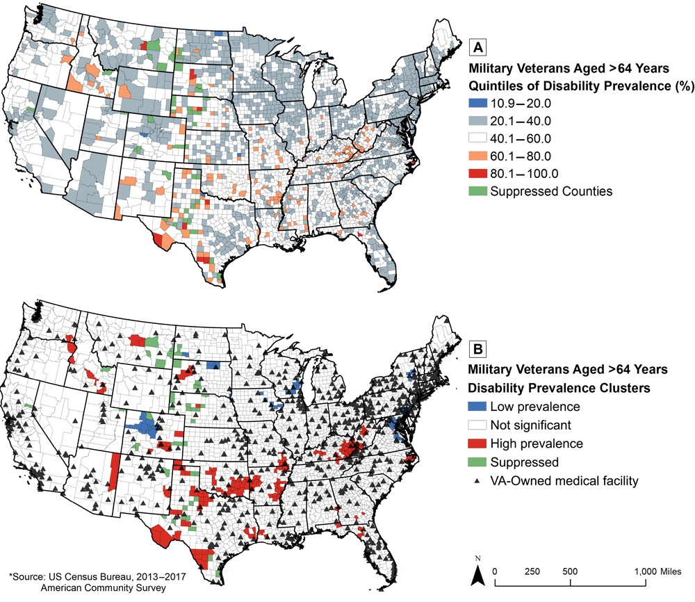 Prevalence of disability among older (aged >64 years) military veterans in US counties. Map A shows county-level prevalence of disability among older US veterans from 2013–2017. Map B shows county clusters of disability prevalence among older US veterans and their location from VA-owned medical facilities. Abbreviation: VA, US Department of Veterans Affairs.