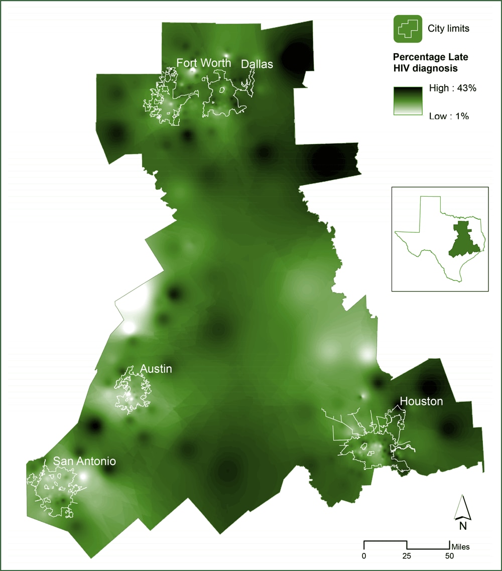 Spatially smoothed regional percentage of late HIV diagnoses in the study area in Texas (5 largest cities, by population and by HIV morbidity: Houston, Dallas, San Antonio, Austin, and Fort Worth). 