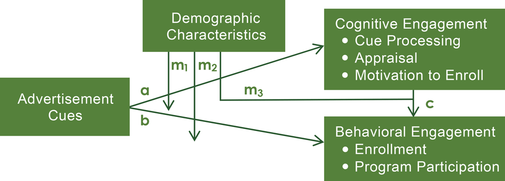  Advertisement engagement framework combines constructs from the Elaboration Likelihood Model and Protection Motivation Theory (12,13) to outline potential relationships among advertisement cues, cognitive engagement with study advertisements, and behavioral engagement outcomes, including potential moderating effects of demographic variables on the relationship between advertisement cues and cognitive engagement (m1) and behavioral engagement (m2), and the relationship between cognitive and behavioral engagement constructs (m3).