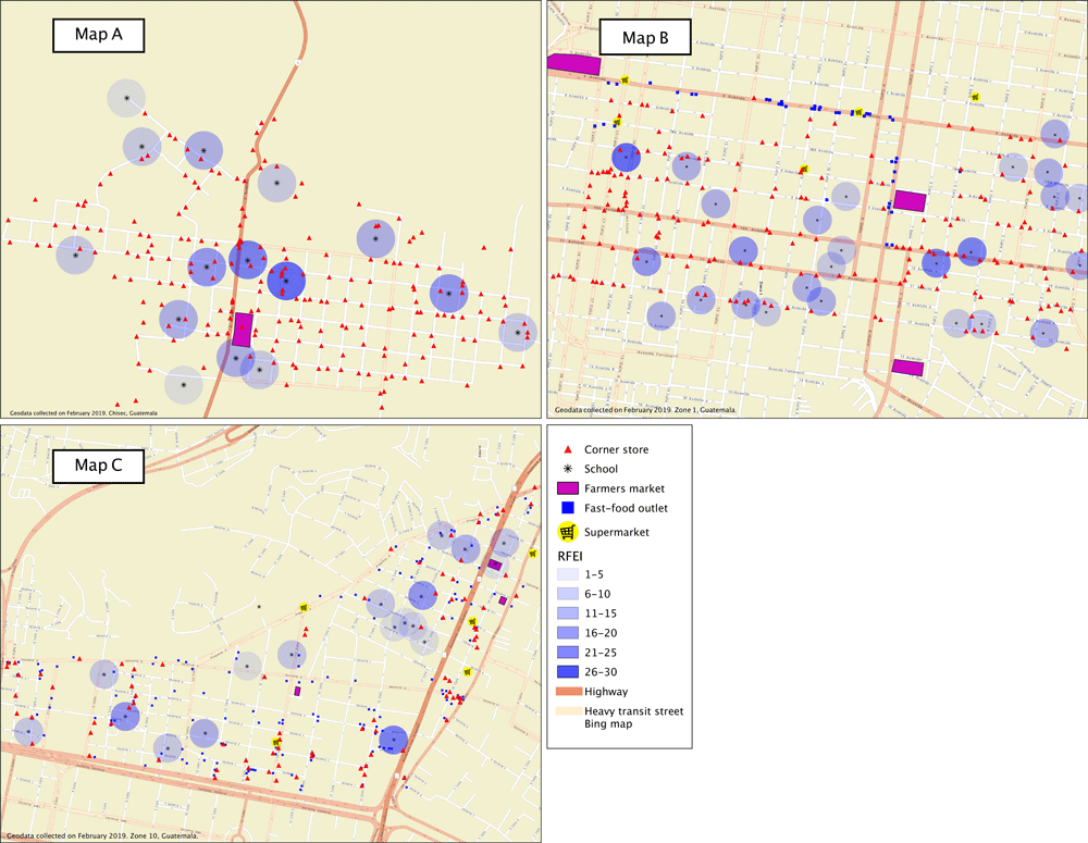 Retail food environment index (RFEI) (1) for 3 neighborhoods of different socioeconomic status in Guatemala: A, Chisec, a rural indigenous community located 4 hours north of Guatemala City; B, a middle-socioeconomic–status urban area of Guatemala City; and C, a high-socioeconomic–status urban area of Guatemala City. RFEI is the ratio of unhealthy to healthy food outlets: the higher the score, the less healthy the food environment. Maps identify stores — corner stores, fast-food outlets, farmers markets, and supermarkets — within a 150-meter radius of schools. All schools were located in food swamps (RFEI >3.89 = food swamp), defined as the mean RFEI across counties in the United States (2). Guatemala, September 2018.