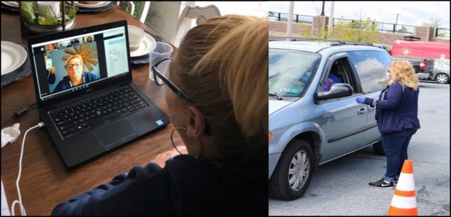 Community health worker leading a video conference call with community leaders in Lebanon County, Pennsylvania, to discuss the needs of Hispanic residents regarding coronavirus disease 2019 (COVID-19) (left) and distributing masks, bottles of hand sanitizer, and Spanish-language public service announcements at a local drive-through COVID-19 response site (right). 