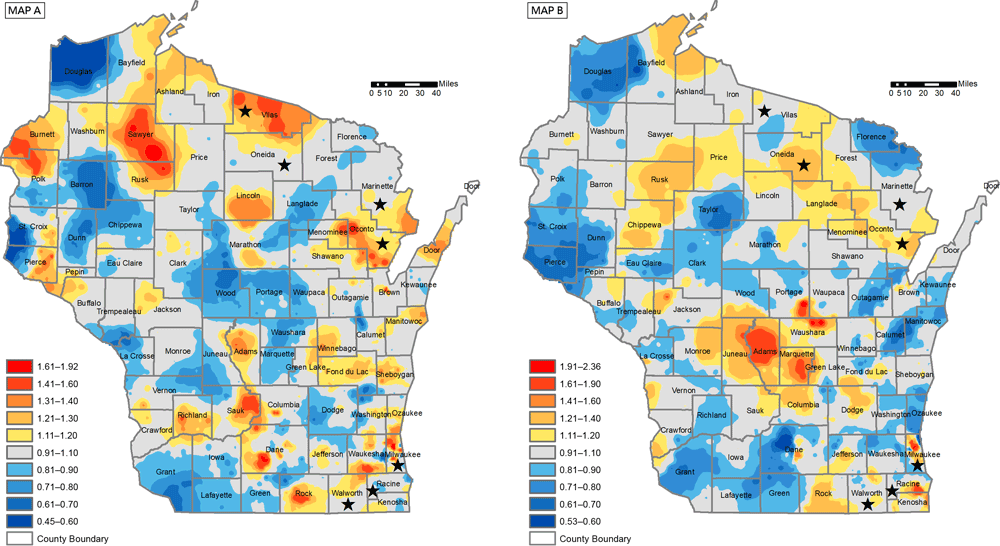 Female breast cancer mortality rate (Map A) and lung cancer mortality rate (Map B), Wisconsin, 2008–2013. The female breast cancer mortality rate is indirectly age standardized and smoothed using adaptive spatial filtering. The lung cancer mortality rate is indirectly age–sex standardized and smoothed using adaptive spatial filtering. A grid of points is used to estimate mortality rates continuously across the map, based on the 20 closest breast cancer deaths and the 40 closest lung cancer deaths. Red areas indicate higher rates than expected and blue areas indicate lower rates than expected, compared with the regional rate. Areas without color indicate rates close to the regional rate. Data source: State Vital Records Office, Wisconsin Department of Health Services 2008-2013 (12). Reprinted with permission of Yuhong Zhou, PhD, and Kirsten Beyer, PhD, MPH, MS, Medical College of Wisconsin.