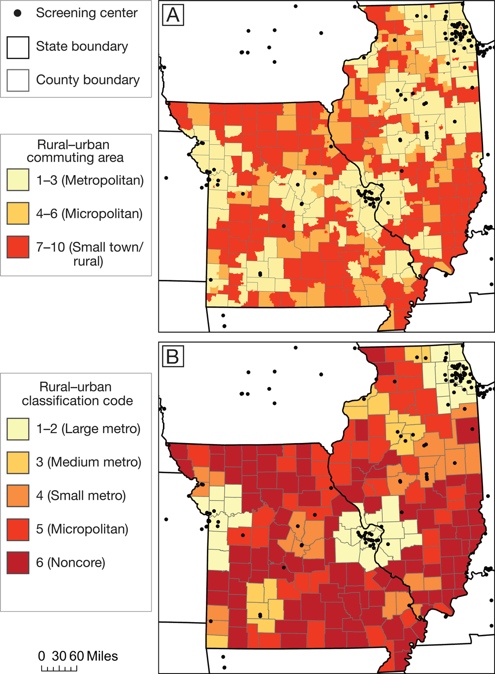 Measures of rurality in Missouri and Illinois and location of low-dose computed tomography screening centers. A, Rural–urban commuting area (RUCA) categories at the census tract level, determined by US Department of Agriculture Economic Research Service (16). B, National Center for Health Statistics (NCHS) rural–urban classification codes at the county level (17). Data on screening centers obtained from American College of Radiology (11) and GO2 Foundation for Lung Cancer (12). Shapefiles obtained from ESRI (20).