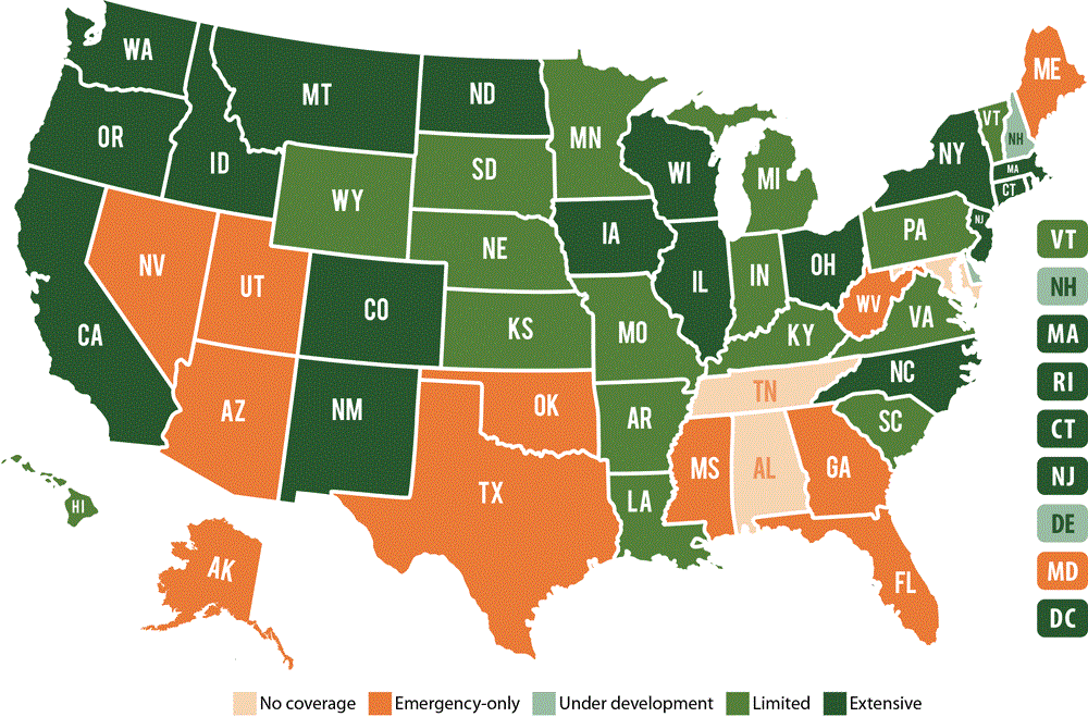 Extent of Medicaid adult dental benefits, by state. Source: Center for Health Care Strategies (46). 