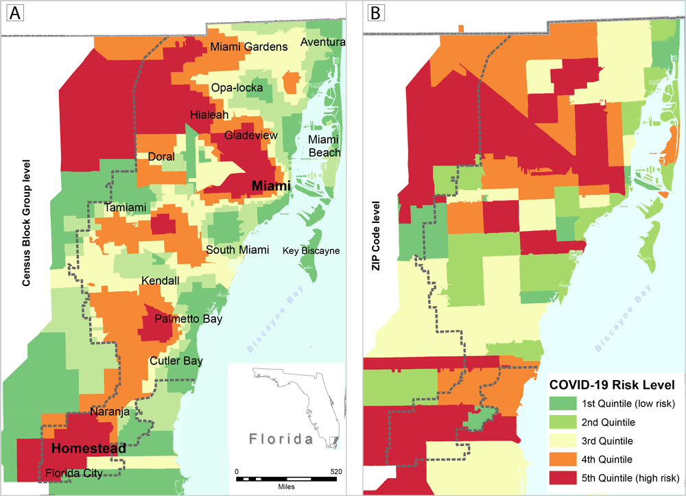 Map A shows estimated census block group level COVID-19 rates per 1,000 population for Miami–Dade County, Florida (generated with areal interpolation) based on zip code level rates. Map B is the same map as A but at a larger geographic area of zip codes. Data are for the 89,556 confirmed cases of COVID-19 reported as of July 21, 2020, in the Florida Department of Health COVID-19 Data and Surveillance Dashboard. Maps show rates (by quintiles) per 1,000 population. 