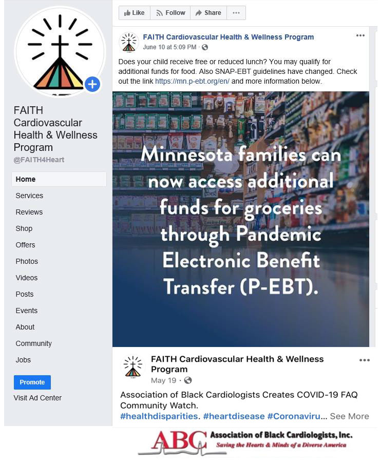 Screenshot of FAITH! (Fostering African-American Improvement in Total Health) COVID-19 response Facebook page, Minnesota, 2020. For 8 weeks (April 3–May 31, 2020), community communication leaders posted daily messages in 4 main content areas: inspirational, COVID-19 health information and preventive measures, financial and community-based resources, and social support. Content was derived from credible sources and the FAITH! COVID-19 Task Force.