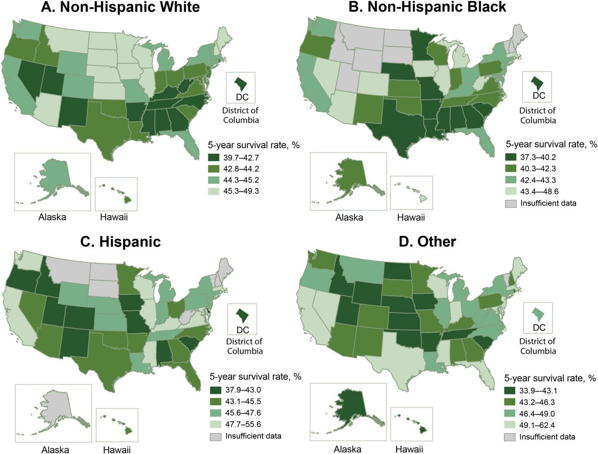Adjusted 5-year survival after acute ischemic stroke by race and Hispanic ethnicity among Medicare fee-for-service beneficiaries, Medicare cohort 2008–2017. Map A shows the adjusted 5-year survival after acute ischemic stroke among non-Hispanic White Medicare beneficiaries. Map B shows the adjusted 5-year survival among non-Hispanic Black beneficiaries. Map C shows the adjusted 5-year survival among Hispanic Medicare beneficiaries. Map D shows the adjusted 5-year survival among other (other non-Hispanic races) Medicare beneficiaries. Abbreviation: —, insufficient data.
