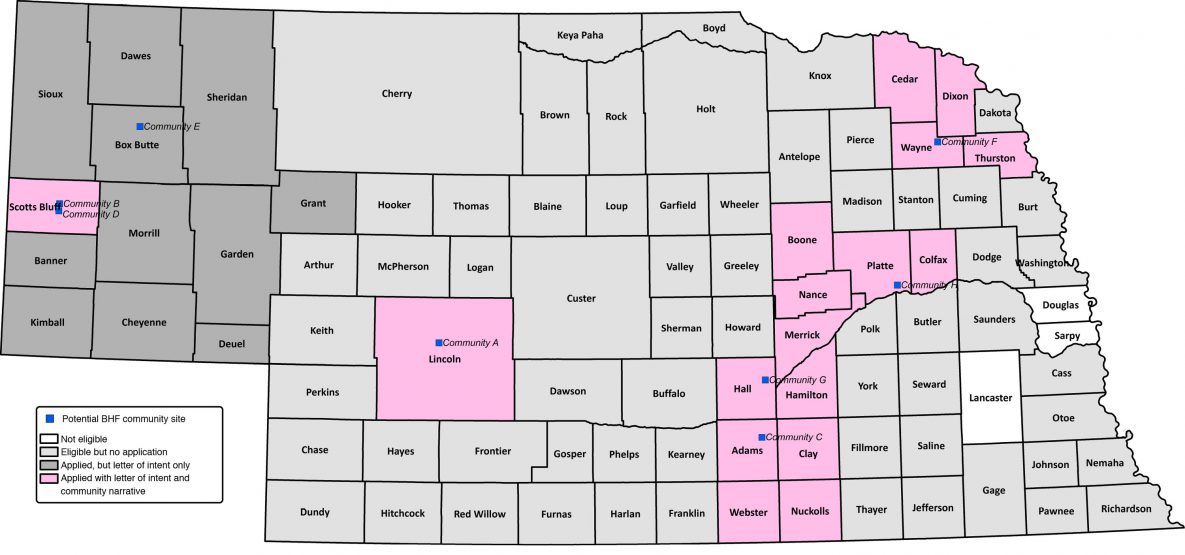 Counties deemed eligible (n = 90) and response to the request for application among counties interested in adopting and implementing Building Healthy Families, a pediatric weight management intervention, Nebraska, 2019.
