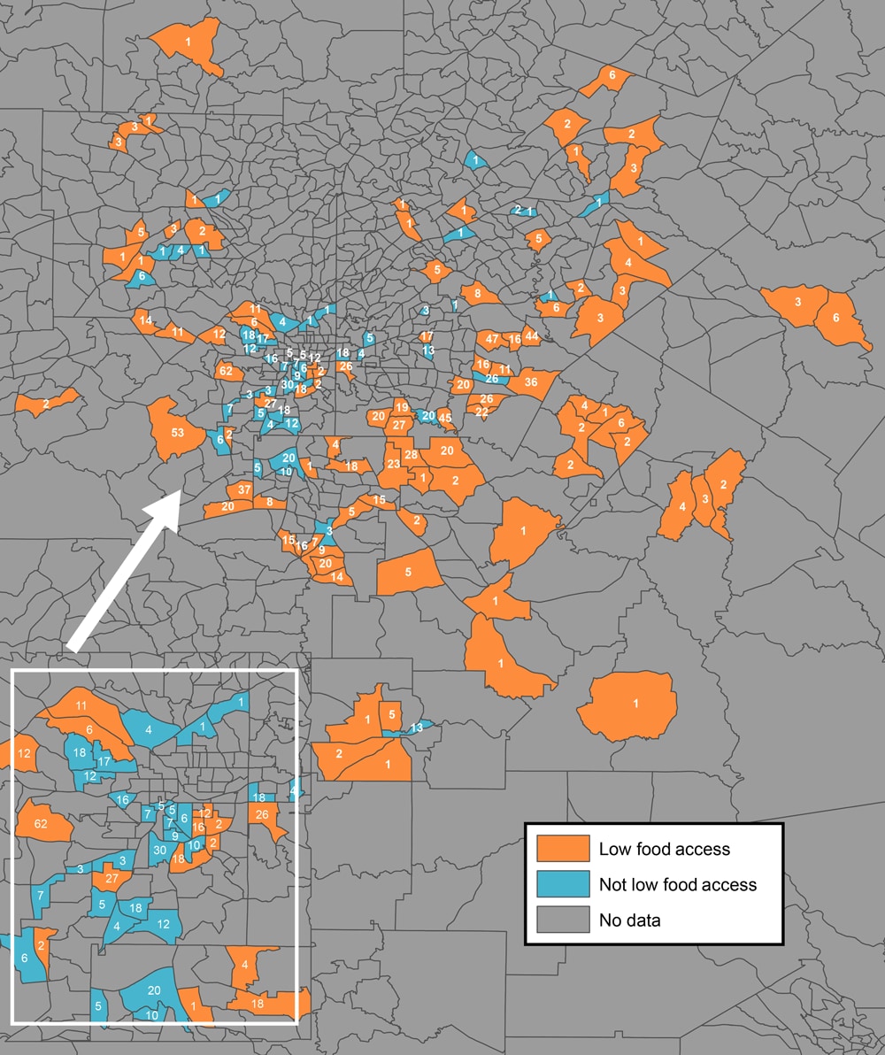 Objectively measured levels of food access, by 2010 census tract boundaries, in metropolitan Atlanta, Georgia. Only census tracts in which participants in the Morehouse–Emory Cardiovascular Center for Health Equity Study (indicated by the numbers inside census tracts) resided were examined for food access. “Low food access” refers to census tract areas that had objectively measured low levels of access to healthy foods, and “not low food access” refers to census tracts areas that had objectively measured high levels of access to healthy foods. The US Department of Agriculture Food Access Research Atlas classifies urban census tracts as having low levels of access to healthy foods when ≤500 people or 33&#37; of the census tract population resides 1 mile or more from a large grocery store, supercenter, or supermarket (22). Inset shows the city of Atlanta.