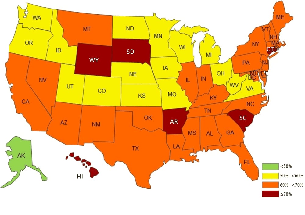 Prevalence of self-reported sugar-sweetened beverage (SSB) intake once daily or more among US adults by state, National Health Interview Survey Cancer Control Supplement (NHIS CCS), 2010 and 2015. SSBs include regular soda, sweetened fruit drinks, sports/energy drinks, and sweetened coffee/tea drinks. This map shows combined 2010 and 2015 data from the NHIS CCS (9,10).