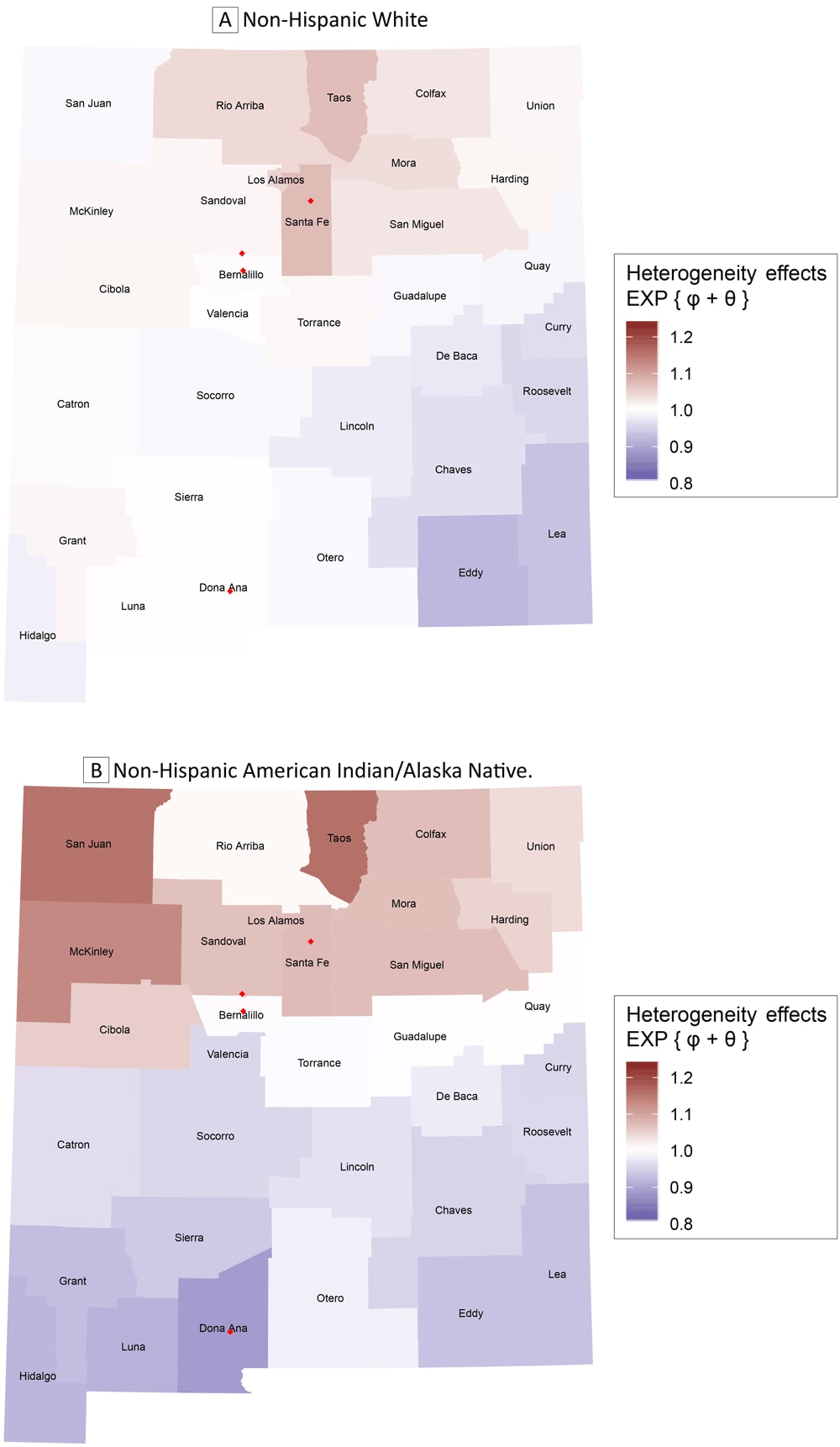 Exponentiated sum of the posterior average county-level heterogeneity effects obtained from the proposed model. Map A gives the results for non-Hispanic White women and Map B gives the results for non-Hispanic American Indian/Alaska Native women. Red diamonds depict major cites (Albuquerque in Bernalillo County, Las Cruces in Dona Ana County, Rio Rancho in Sandoval County, and Santa Fe in Santa Fe County).