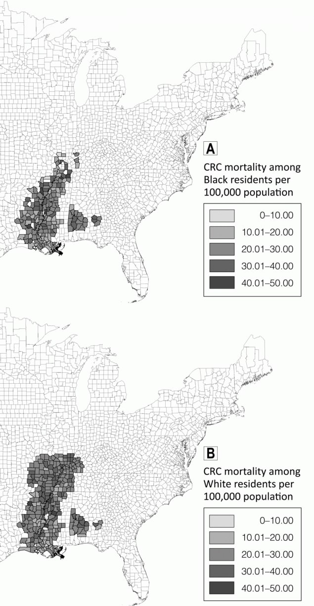 Colorectal cancer mortality rates per 100,000 population among A, Black residents and B, White residents in counties in the Mississippi Delta Region, 1999–2018. Map created using ESRI ArcGIS version 10.5.1. Abbreviation: CRC, colorectal cancer. 