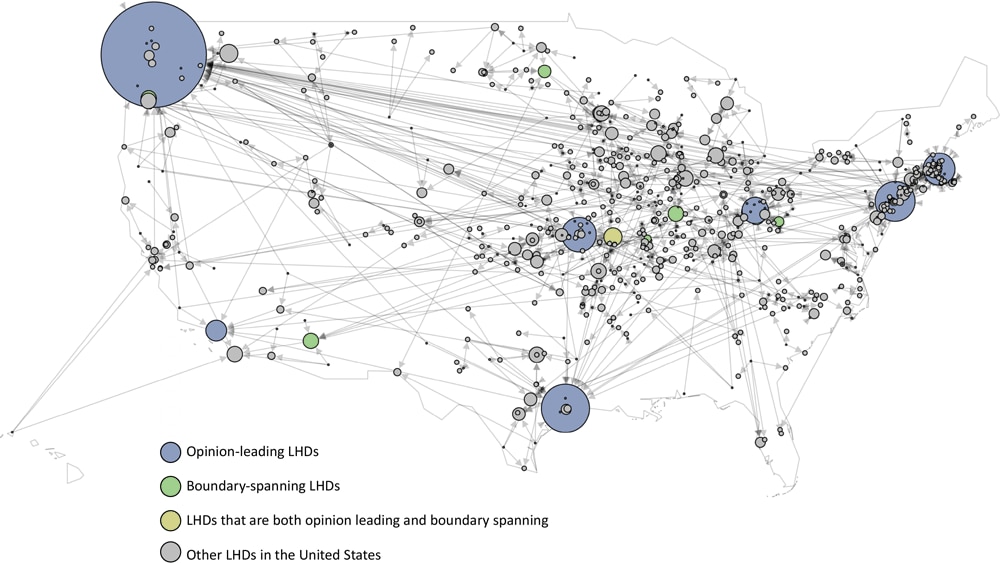 Advice-seeking networks among local health departments (LHDs) in the United States identified in a survey of 329 health departments through the National Association of County and City Health Officials, 2020. The size of a node reflects the opinion leadership (number of nominations received) of each LHD. Lines indicate advice-seeking relationships between an LHD and others, and arrowheads show the direction of advice-seeking. Number of lines indicate number of LHDs seeking advice from an LHD.