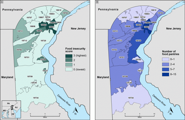 Two maps depict the burden of food insecurity and number of food pantries by zip code in New Castle County, Delaware. The maps show that food insecurity burden and food pantries are concentrated in northeastern New Castle County, particularly in zip codes 19801, 19802, and 19805. Other zip codes throughout the county have elevated burdens of food insecurity but relatively few food pantries.