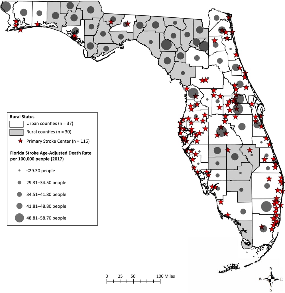 Static display of Florida&rsquo;s distribution of rural versus urban and high versus low death rate, where stroke centers are in relation to urban versus rural and low versus high primary stroke centers, and age-adjusted stroke mortality rates, by quintile, in urban versus rural counties in 2017. Data sources: Florida&rsquo;s Geospatial Open Data Portal 2017, 2018; Rural Health Information Hub 2017; US Census Bureau, 2010; Florida Geographic Data Library, 2012.