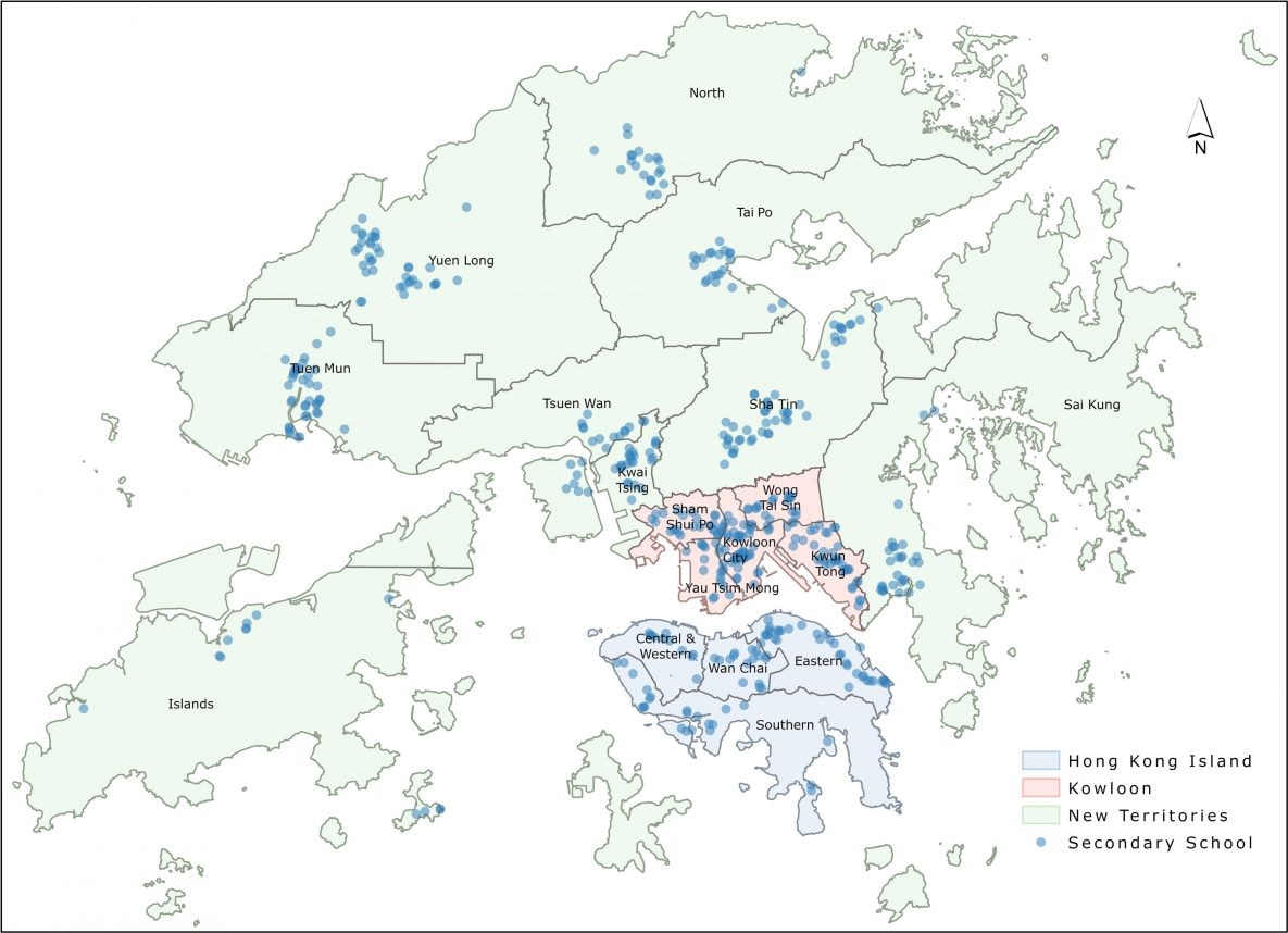 The location of 490 secondary schools in 3 regions and 18 districts in Hong Kong.