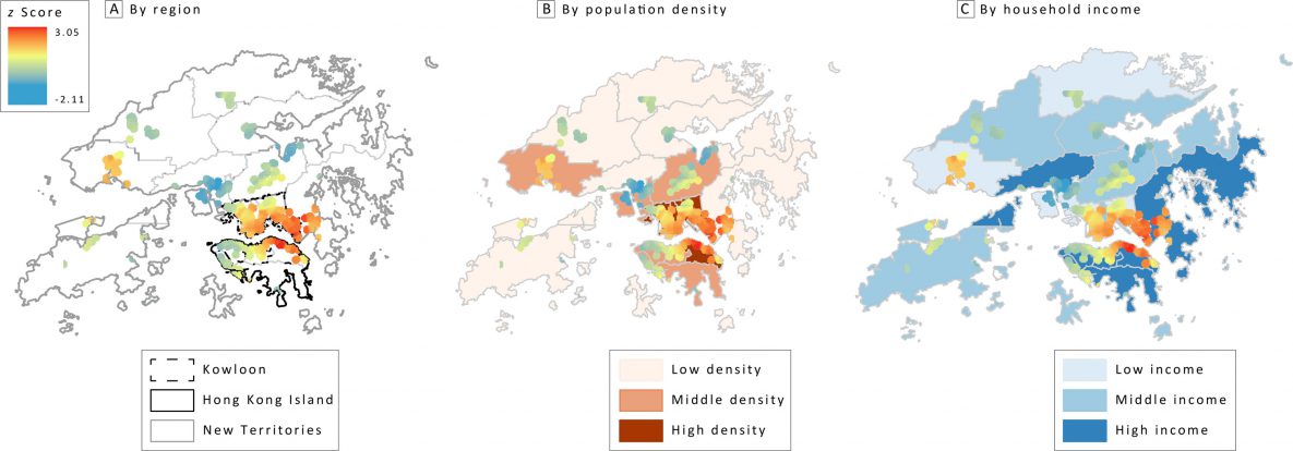 Hot spot analysis of fast-food restaurants near secondary schools in Hong Kong, by A, region, B, population density, and C, income. 