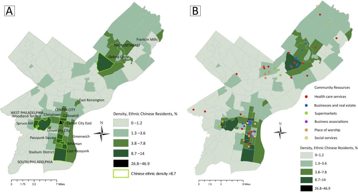 Map A shows the densities of ethnic Chinese residents to be concentrated in 4 distinct areas of the city, the Northeast, West Philadelphia, Center City, and South Philadelphia. Map B shows the locations of community resources for ethnic Chinese residents’ health care services, businesses and real estate, supermarkets, business associations, places of worship, and social services.