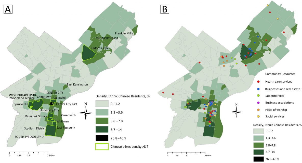 20_0615_01 Map A shows the densities of ethnic Chinese residents to be concentrated in 4 distinct areas of the city, the Northeast, West Philadelphia, Center City, and South Philadelphia. Map B shows the locations of community resources for ethnic Chinese residents’ health care services, businesses and real estate, supermarkets, business associations, places of worship, and social services.