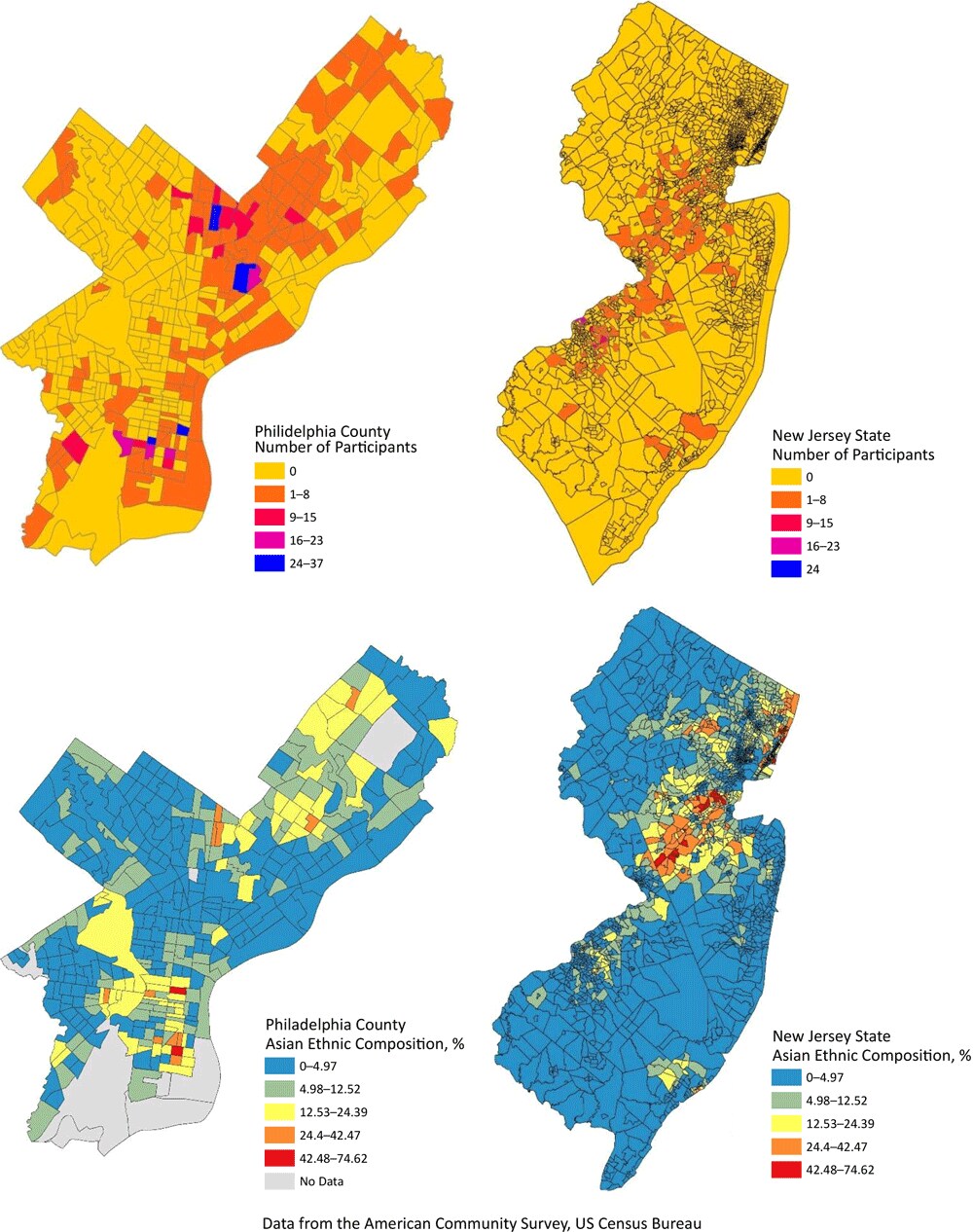 Asian ethnic composition in Philadelphia County and New Jersey census tracts. Data from the American Community Survey, US Census Bureau. 