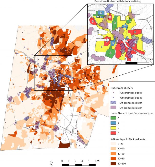 The figure shows alcohol outlets of Durham County, North Carolina in 2017 with the city of Durham inset at top right. The inset shows historically redlined regions in 1933, established by the Home Owners’ Loan Corporation (HOLC). Measures from maps of present-day alcohol outlets and historic racial divides show similar disparities. The largest off-premises alcohol outlet cluster in 2017 also appears among the most HOLC grade D (ie, “hazardous”) neighborhoods from 1933. Concentrations of non-Hispanic Black residents are also shown.