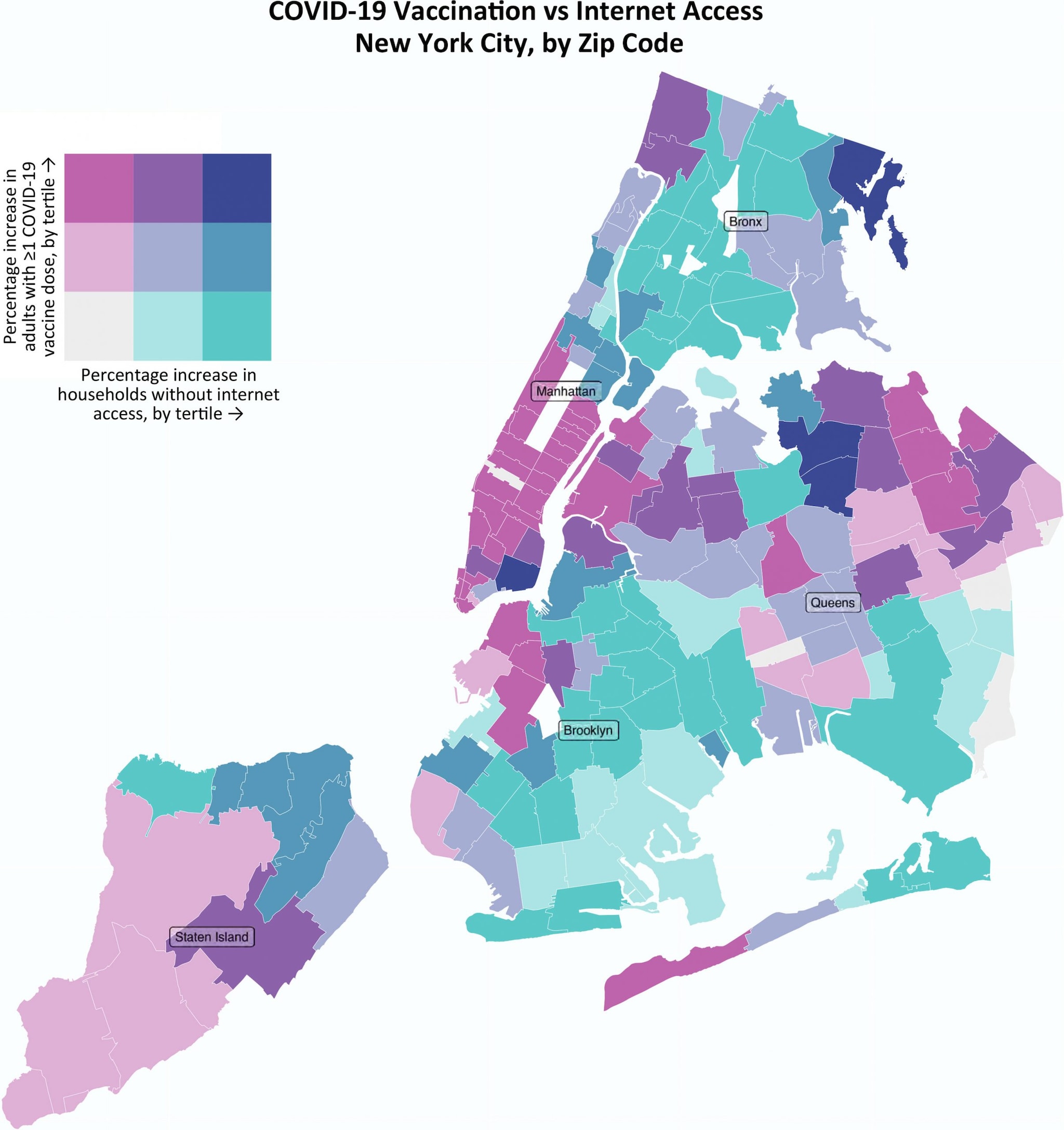 New York City Zip Code Map Disparities In Internet Access And Covid-19 Vaccination In New York City