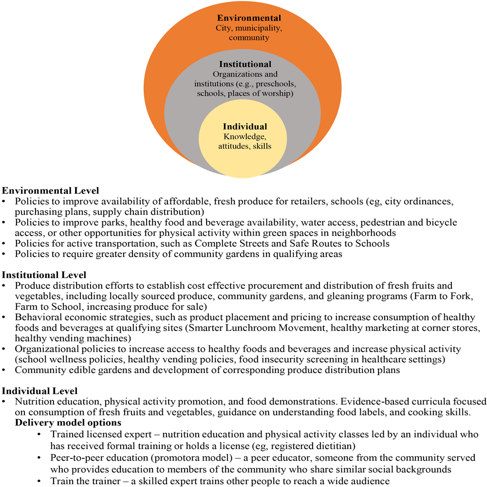 21_0221_01 Social-ecological model implemented by the Supplemental Nutrition Assistance Program Education, Los Angeles County, 2016–2020.