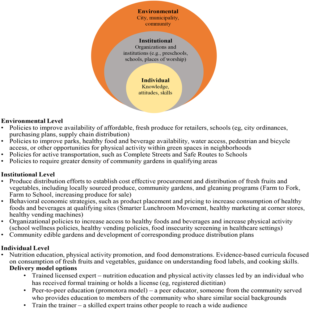 Social-ecological model implemented by the Supplemental Nutrition Assistance Program Education, Los Angeles County, 2016–2020.