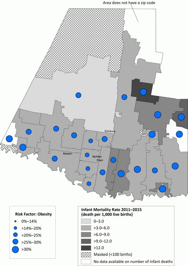 21_0266_02 Infant mortality rate (deaths per 1,000 live births) with prevalence of prepregnancy obesity, by zip code area, Hidalgo County, Texas, 2011–2015.
