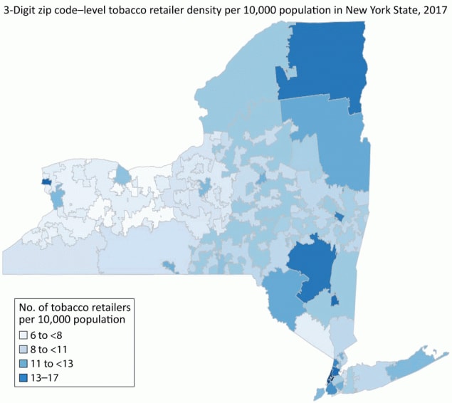 Three-digit zip code–level tobacco retailer density per 10,000 population in New York State, 2017.