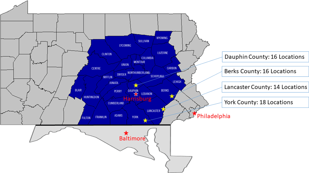 Central Pennsylvania counties with high numbers of Silver Sneakers locations, 2019–2021.