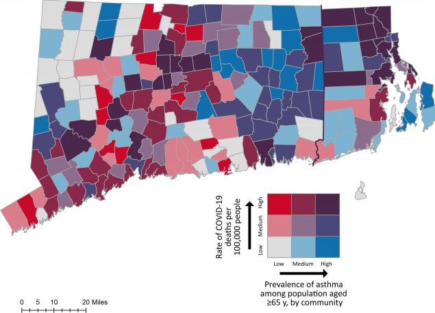 Town-level prevalence of asthma among population aged 65 years or older and COVID-19 death rates per 100,000 people, Connecticut and Rhode Island. Data sources: Connecticut Department of Public Health (8), Rhode Island Department of Public Health (9), HealthyAgingDataReports.org (10,11), CT DEEP GIS (22), and RIGIS (23).