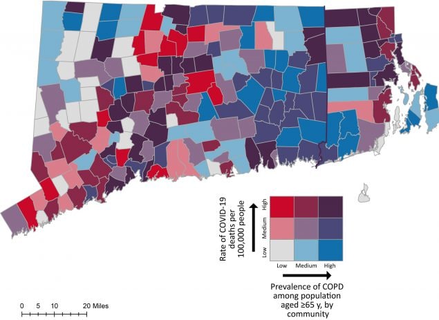 Town-level prevalence of COPD among population aged 65 years or older and COVID-19 death rates per 100,000 people, Connecticut and Rhode Island. Data sources: Connecticut Department of Public Health (8), Rhode Island Department of Public Health (9), HealthyAgingDataReports.org (10,11), CT DEEP GIS (22), and RIGIS (23).