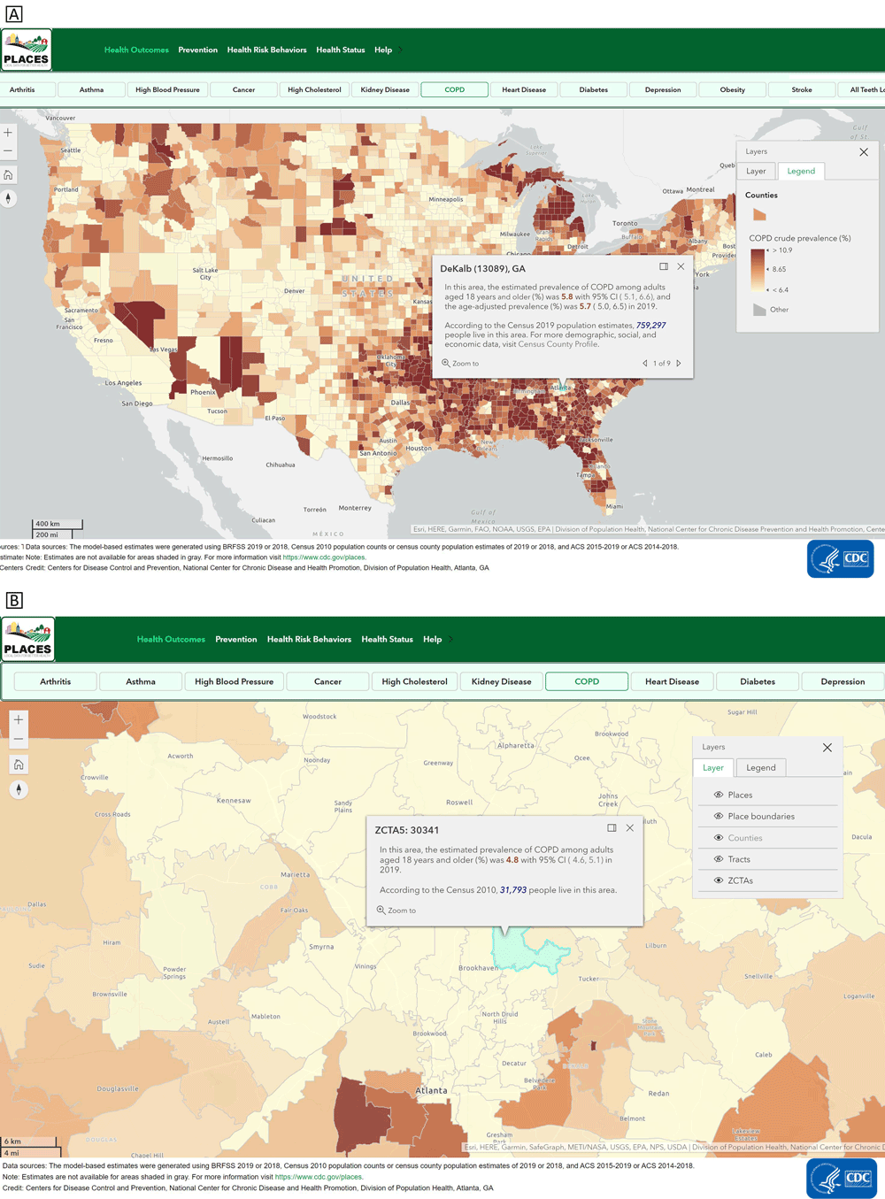 21_0459_02 PLACES interactive map application (www.cdc.gov/PLACES). Users can examine and visualize health data estimates across different geographic levels by using the PLACES interactive mapping application. By clicking a specific location, the selected measure (eg, estimated prevalence and crude prevalence) will appear for the selected chronic disease at that location. By zooming in and clicking on a particular geographic area, users can view the estimate for smaller geographic units. In Figure 2A, the county-level prevalence of COPD in Dekalb County, Georgia, is shown. Figure 2B displays COPD prevalence estimates at the ZIP Code tabulation area (ZTCA), which can be discerned by looking at the layer tool. Abbreviations: COPD, chronic obstructive pulmonary disease; PLACES, Population Level Analysis and Community EStimates.