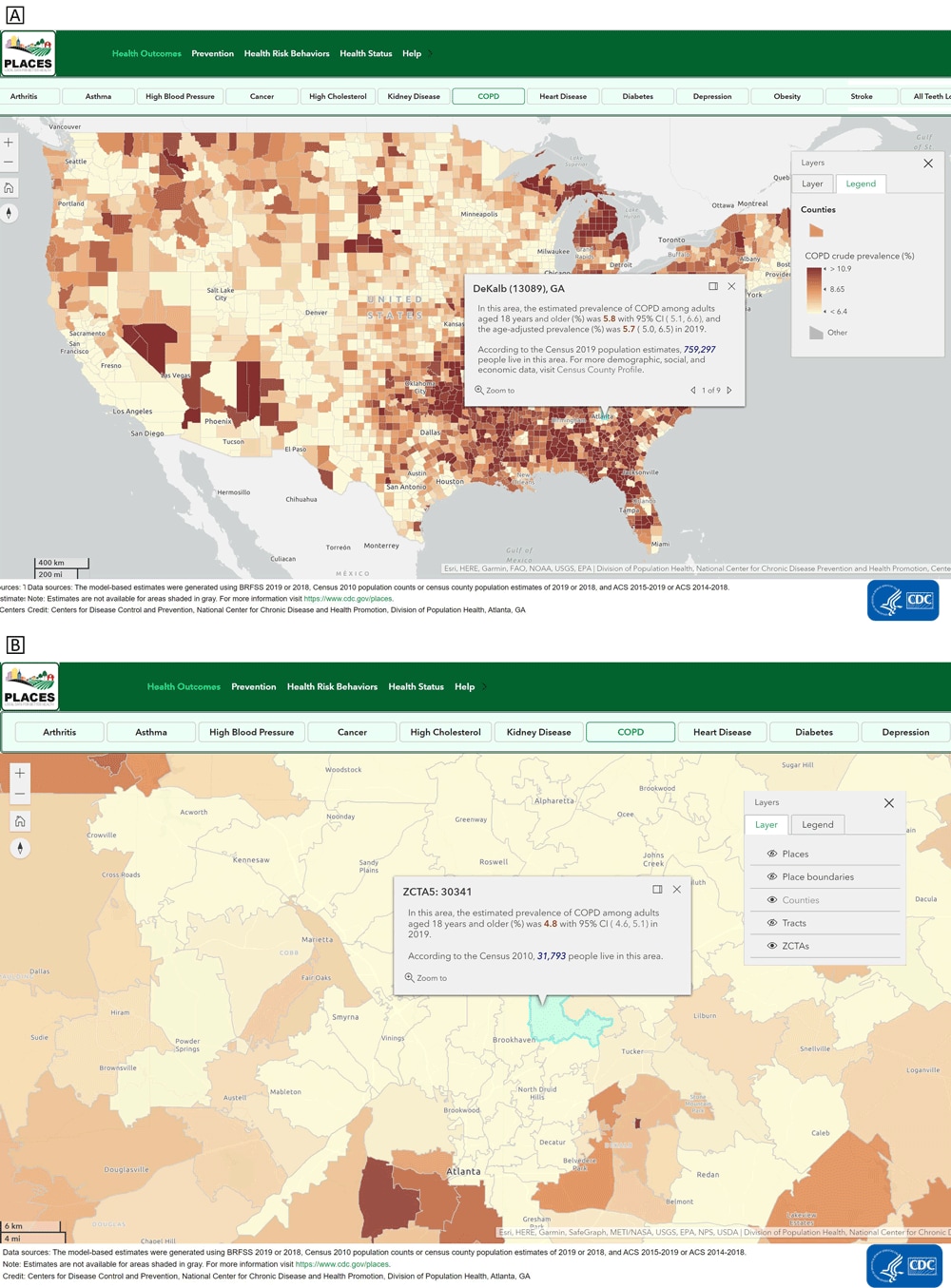 PLACES interactive map application (www.cdc.gov/PLACES). Users can examine and visualize health data estimates across different geographic levels by using the PLACES interactive mapping application. By clicking a specific location, the selected measure (eg, estimated prevalence and crude prevalence) will appear for the selected chronic disease at that location. By zooming in and clicking on a particular geographic area, users can view the estimate for smaller geographic units. In Figure 2A, the county-level prevalence of COPD in Dekalb County, Georgia, is shown. Figure 2B displays COPD prevalence estimates at the ZIP Code tabulation area (ZTCA), which can be discerned by looking at the layer tool. Abbreviations: COPD, chronic obstructive pulmonary disease; PLACES, Population Level Analysis and Community EStimates.