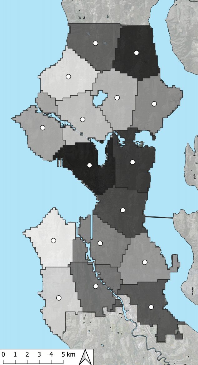 City of Seattle divided into 16 equal-sized areas used to select a geographically balanced sample for the study on price and availability of healthy foods in Seattle, Washington, neighborhoods, 2018.