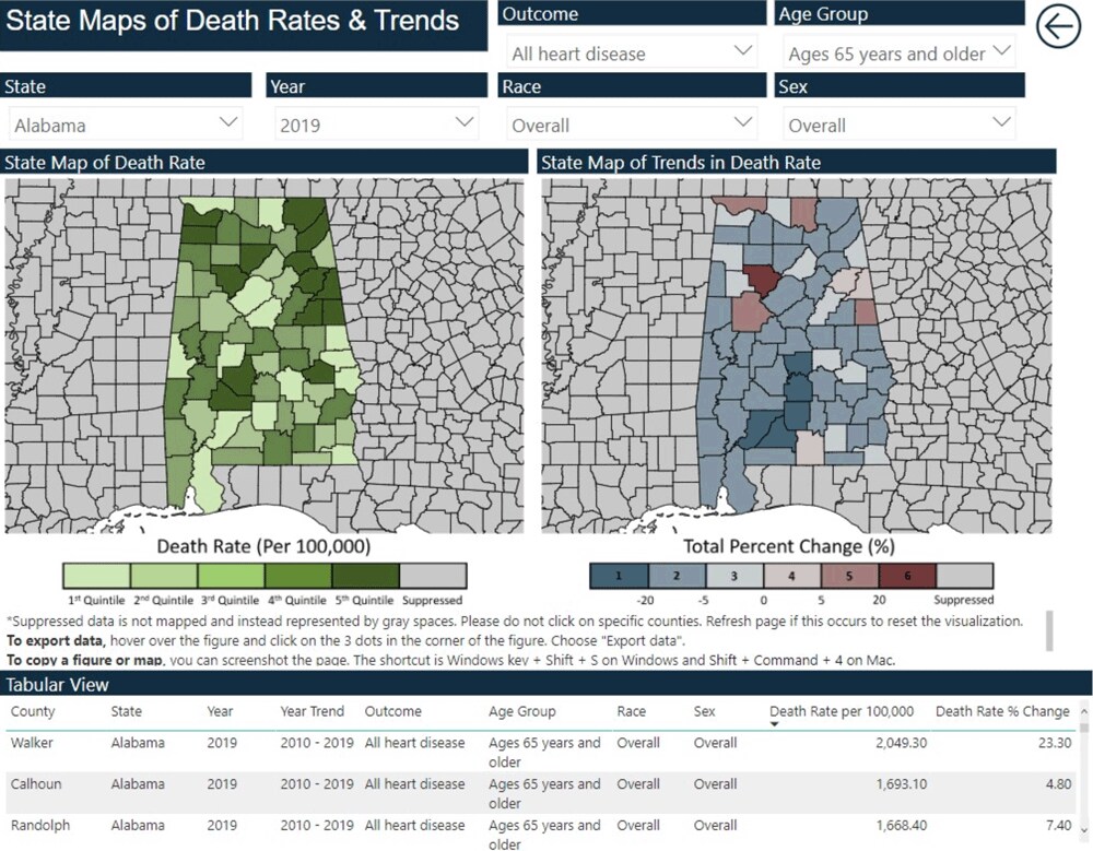 Maps showing the full interface of the Local Trends in Heart Disease and Stroke Mortality Dashboard.