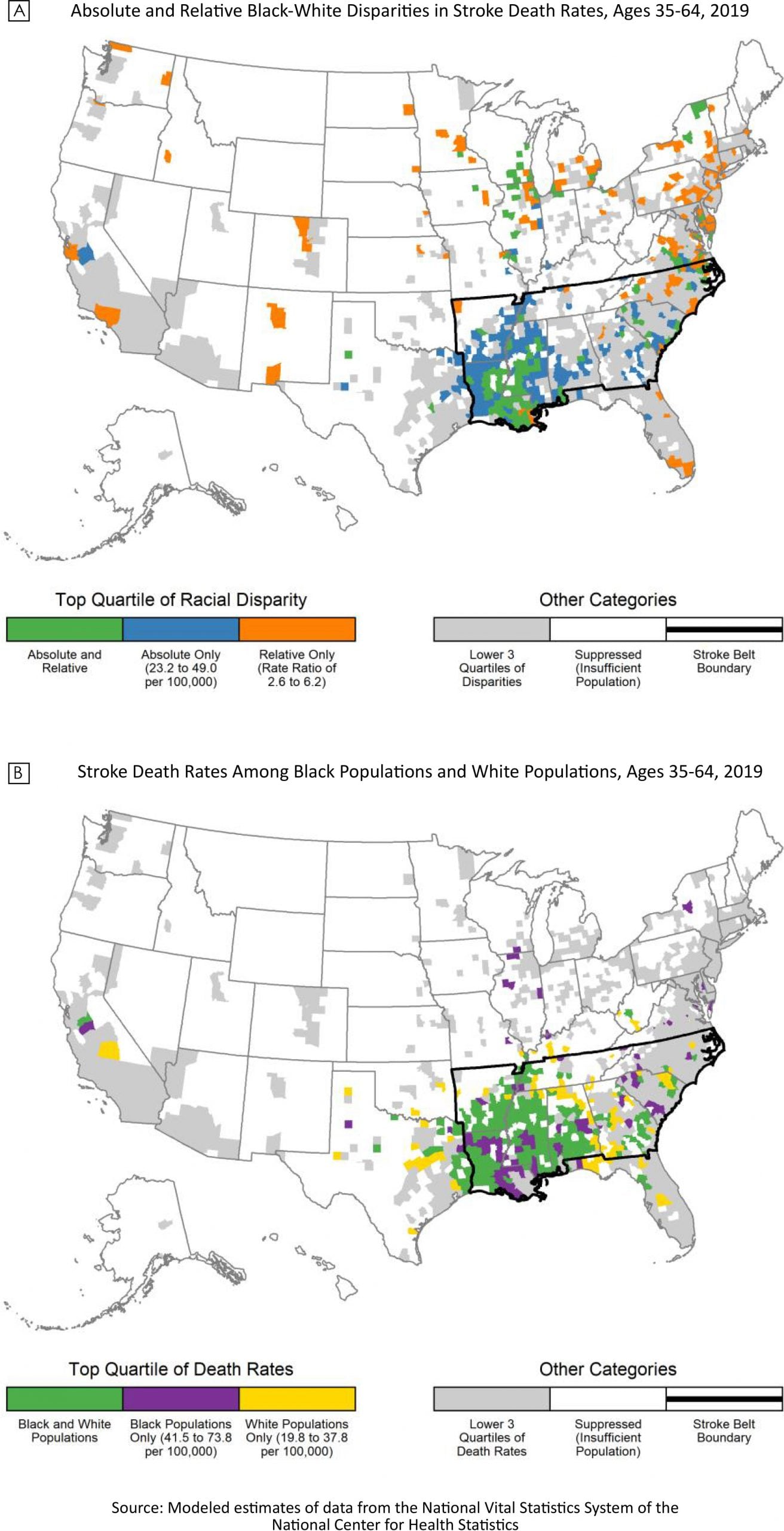 Absolute and relative Black–White disparities in stroke death rates for people aged 35 to 64 years, 2019 (Map A), and stroke death rates for Black populations and White populations for people aged 35 to 64 years, 2019 (Map B). Source: National Center for Health Statistics.