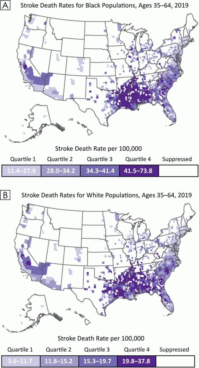 Map A shows county-level stroke death rates for Black populations aged 35 to 64 years, and Map B shows county-level stroke death rates for White populations aged 35 to 64 years. Quartile cutpoints are based on the race-specific distributions of stroke death rates per 100,000 population. Only counties that met the inclusion criteria for the study are included on the maps.