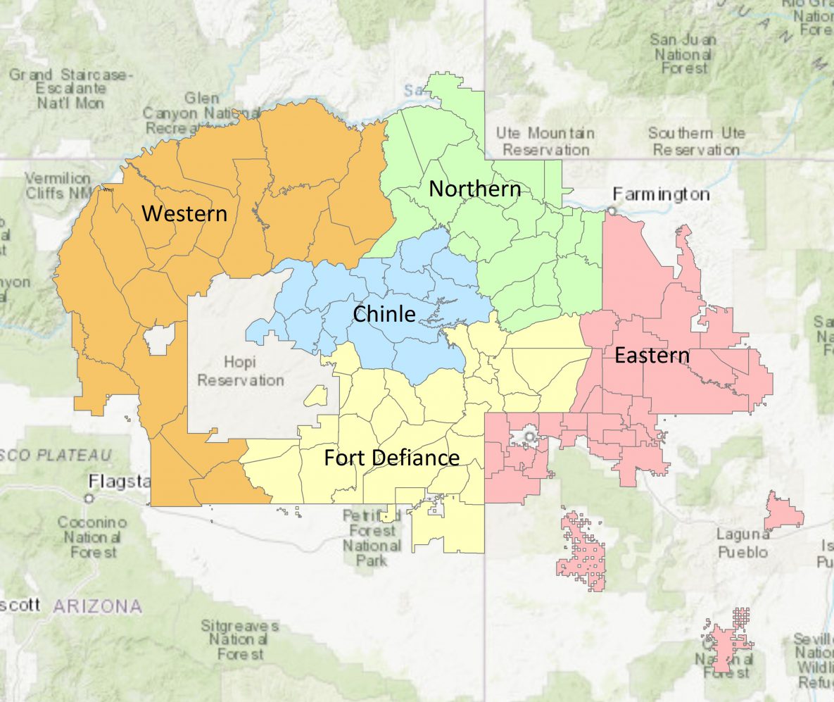 The 5 regions (also known as agencies) of the Navajo Nation: Chinle, Eastern, Fort Defiance, Northern, and Western. Sources: Esri, Esri China (Hong Kong), Esri Japan, Garmin, General Bathymetric Chart of the Oceans, GeoBase, GIS User Community, HERE Technologies, Institute Geographique National Increment P Corporation, Intermap Technologies, Kadaster International, Ministry of Economy, Trade and Industry, National Park Service, Natural Resources Canada, OpenStreetMap contributors, Ordnance Survey, United Nations Food and Agriculture Organization, and US Geological Survey. 