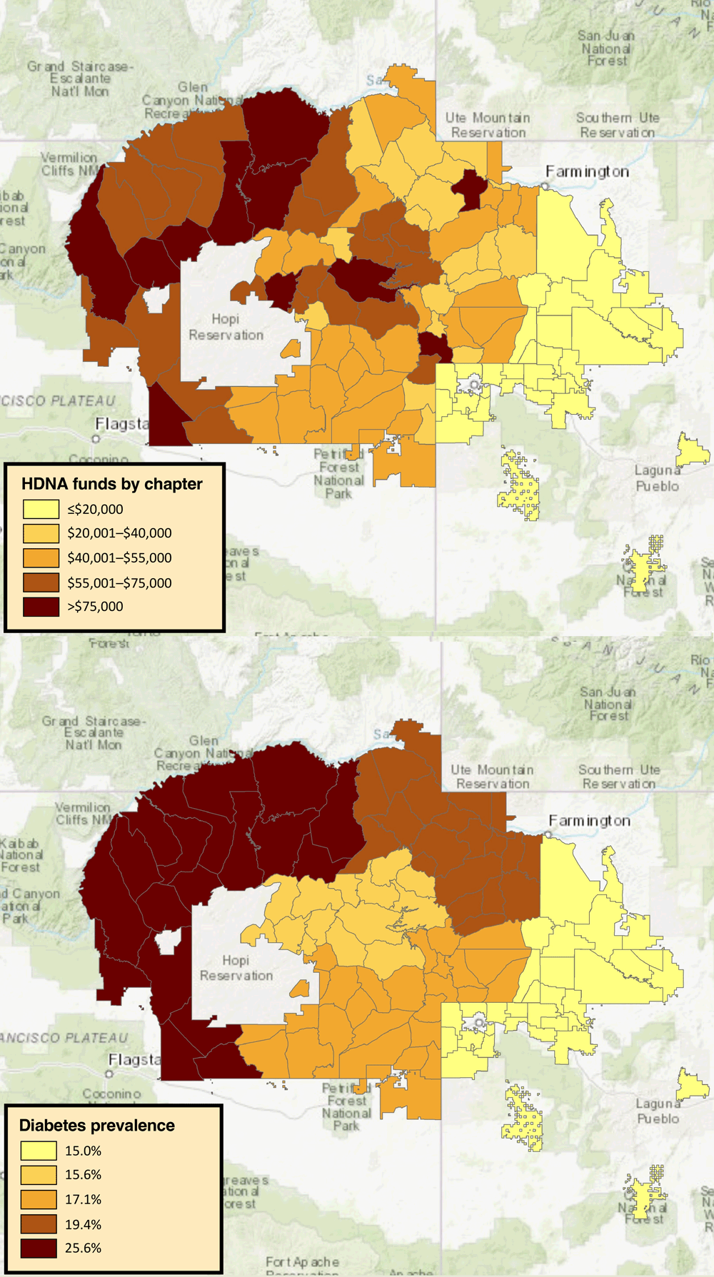 22_0106_03 HDNA tax revenue, by chapter, and baseline diabetes prevalence, by region, on the Navajo Nation. Tax revenue was collected from fourth quarter of fiscal year 2015 through fourth quarter of fiscal year 2019. Baseline data collection of diabetes prevalence took place from 2013 through 2016. Abbreviation: HDNA, Healthy Diné Nation Act of 2014.