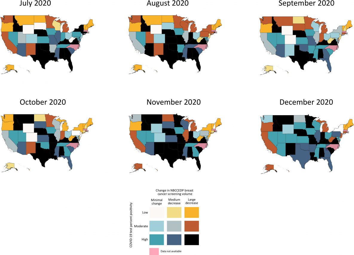 22_0111_01 Bivariate visualization of the association between state-level proportional change in NBCCEDP breast cancer screening volume and COVID-19 test percent positivity for each month from July through December 2020. Breast cancer screening volume was based on NBCCEDP minimal data elements submitted in April 2021. Data for the District of Columbia, Massachusetts, and North Carolina and are not displayed because 2020 breast cancer screening data were missing. The change in cancer screening volume was calculated as the difference between the volume during July–December 2020 and the previous 5-year average for those months. Abbreviation: NBCCEDP, National Breast and Cervical Cancer Early Detection Program.