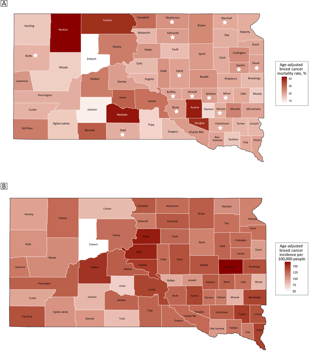 Map A shows the age-adjusted breast cancer mortality rates and Map B shows the age-adjusted breast cancer incidence rates, by county (N = 66), South Dakota, 2001–2015. Counties whose mortality rates have been imputed are marked with a star. Source: South Dakota State Cancer Registry, South Dakota Department of Health (12).