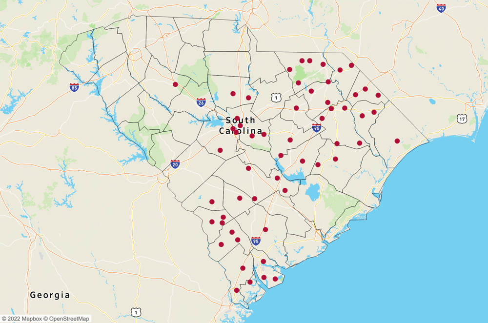 Location of 21 Rural Health Clinics (RHCs) and 50 Federally Qualified Health Centers (FQHCs) in 22 counties in South Carolina, 2019.