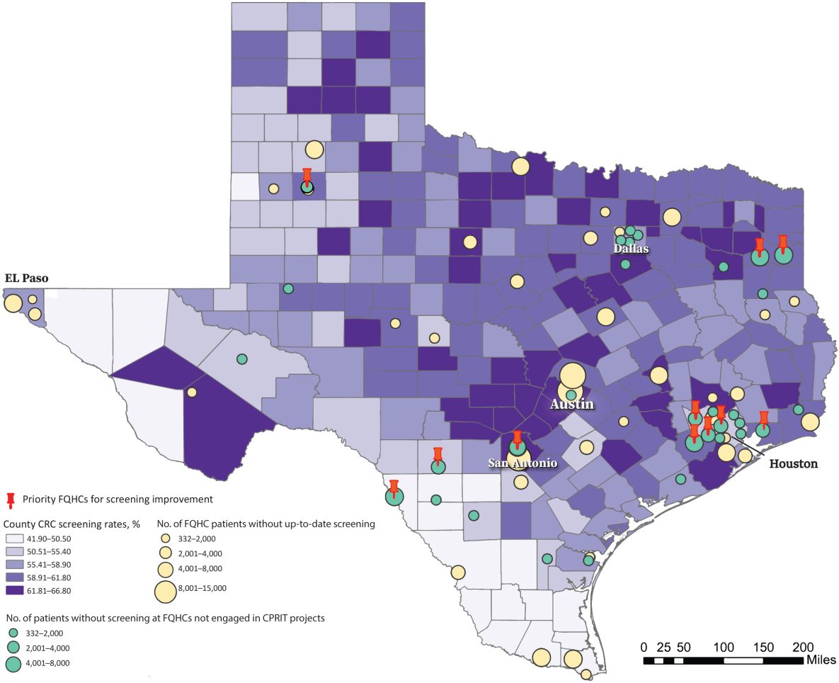 The identified priority FQHCs are scattered throughout Texas and mainly located in east Texas, southwest Texas toward the Texas–Mexico border, and in the Texas Panhandle area.