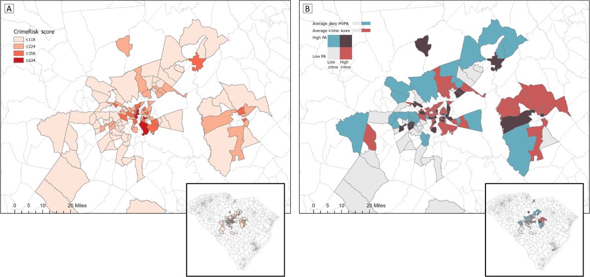 Map A shows that CrimeRisk scores tended to be higher in and around the metropolitan centers. Map B indicates that pregnant women may still be active in areas of high crime; environmental aspects of these high-crime areas may support PA and enhance perceptions of physical safety. The bivariate relationship between MVPA and CrimeRisk score was not significant.
