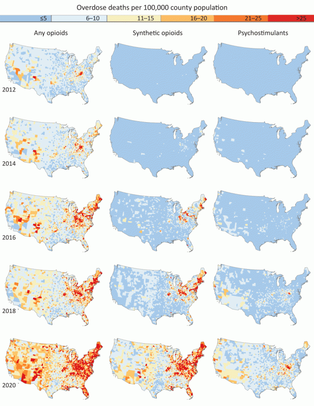 Spatiotemporal trends in smoothed overdose death rates (any opioid, synthetic opioids, and psychostimulants) in US counties (N = 3,107), 2012–2020. Mortality rates were calculated by using restricted county-level data from the National Vital Statistics System; rates were mapped for 2012, 2014, 2016, 2018, and 2020.