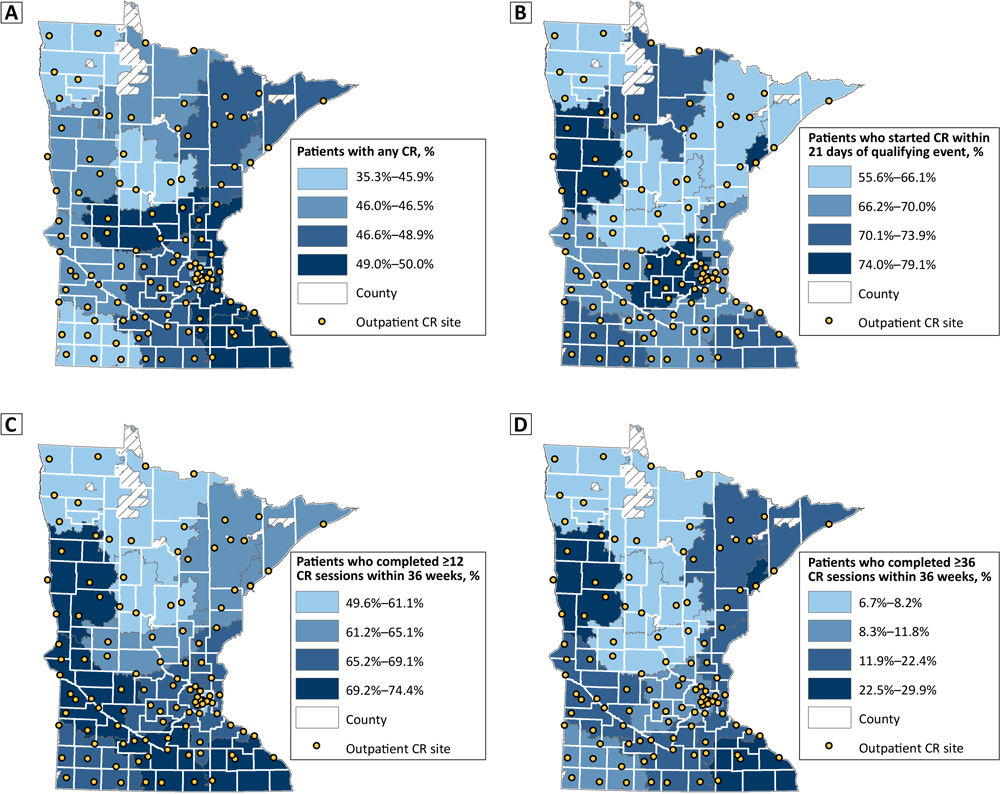 Initiation, participation, and completion of cardiac rehabilitation among adults aged ≥18 years in Minnesota, by 3-digit zip code regions, 2017–2018. Hash marks indicate areas not covered by zip codes.