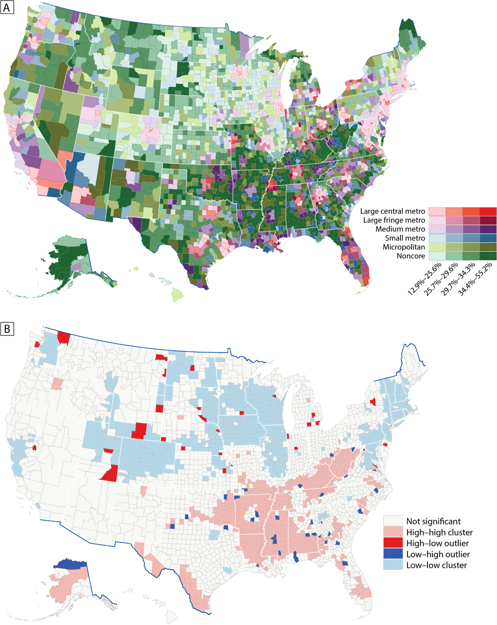 Model-based estimates of any disability among adults aged ≥18 years by county, United States, 2018. A, Prevalence by urban–rural status, classified by quartiles. B, Prevalence by cluster-outlier analysis. Data sources: Behavioral Risk Factor Surveillance System 2018 (10), US Census Bureau (15,16).
