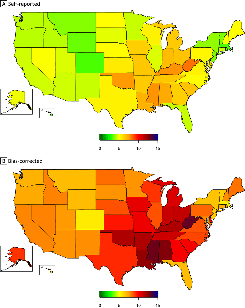 23_0005_01 Prevalence of self-reported (panel A) and bias-corrected (panel B) severe obesity (body mass index ≥40) among US adults, by state, Behavioral Risk Factor Surveillance System, 2020. Body mass index is calculated as weight in kilograms divided by height in meters squared.
